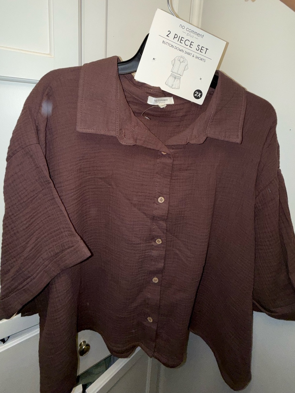 Relaxed Button-Down Top and Flowy Shorts in Deep Brown - 2X
